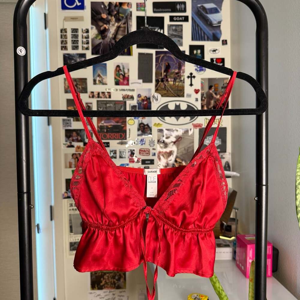 Discontinued Garage Satin Lace Tie Front Crop Top Size M Red